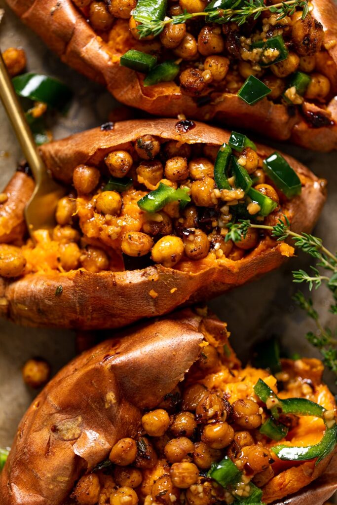 Baked sweet potatoes with chickpeas