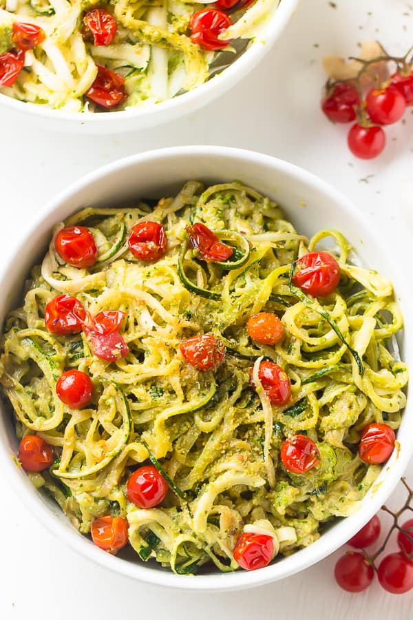 Zucchini noodles with pesto and cherry tomatoes