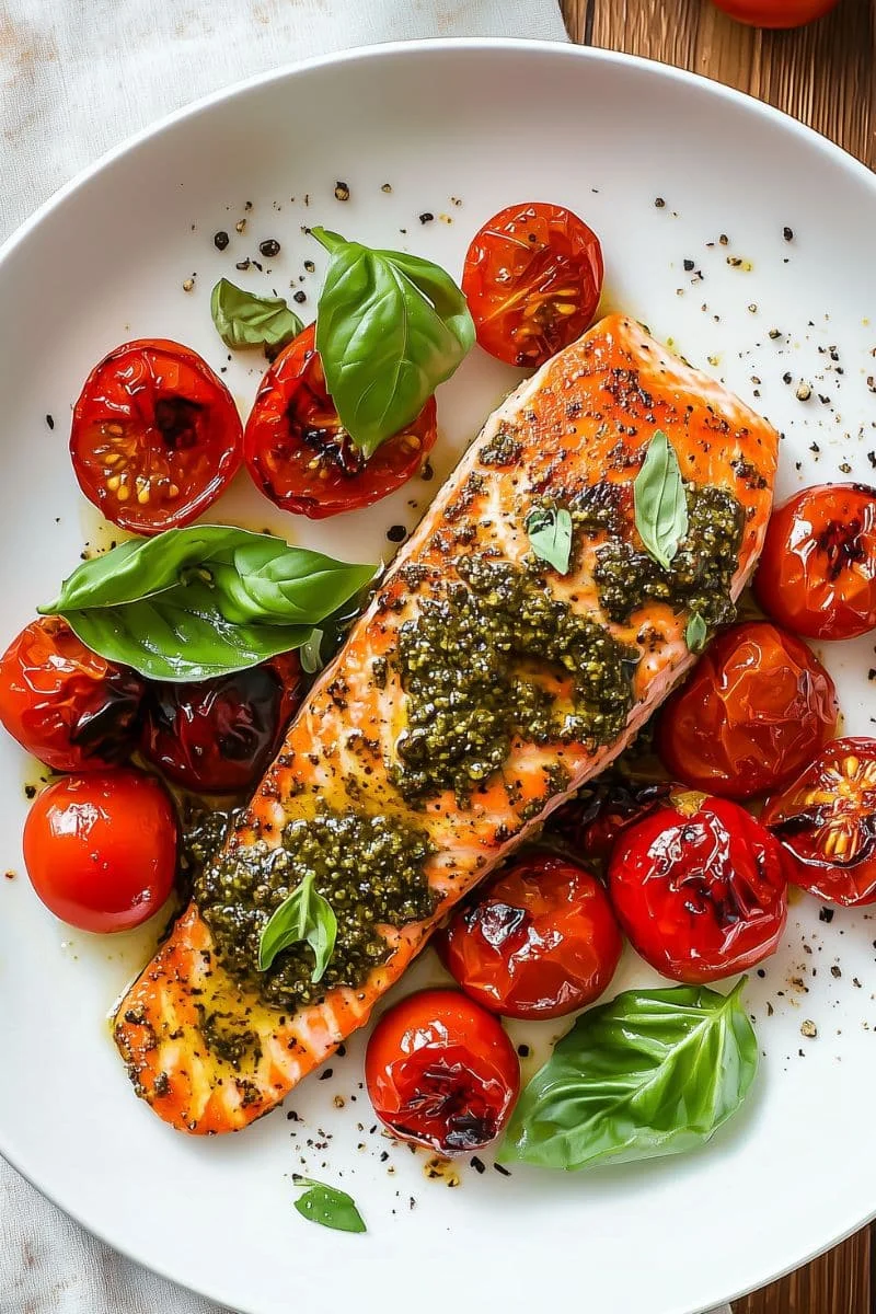Air-Fryer-Pesto-Salmon-with-Cherry-Tomatoe