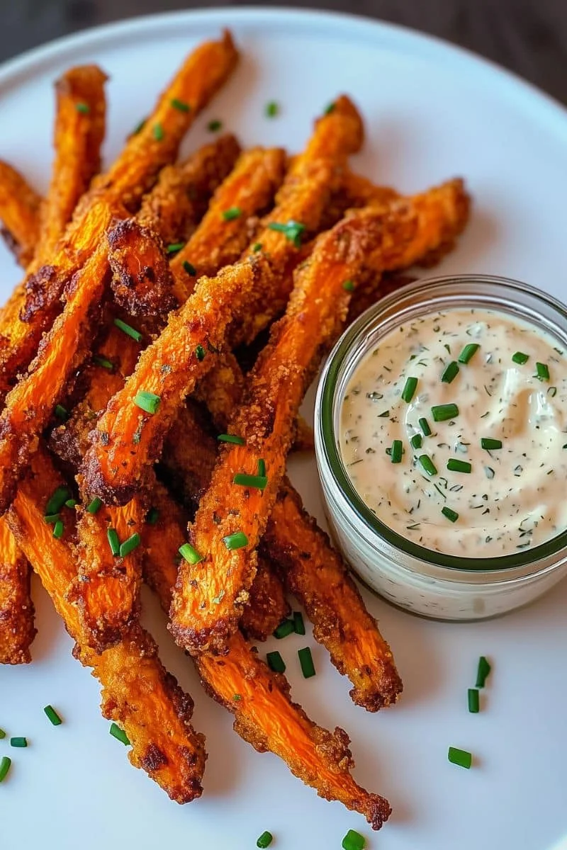 Crunchy Carrot Fries with Skinny Ranch Dip are a delicious and healthy alternative to traditional fries. These air-fried carrot sticks offer a crispy, savory bite while keeping calories low