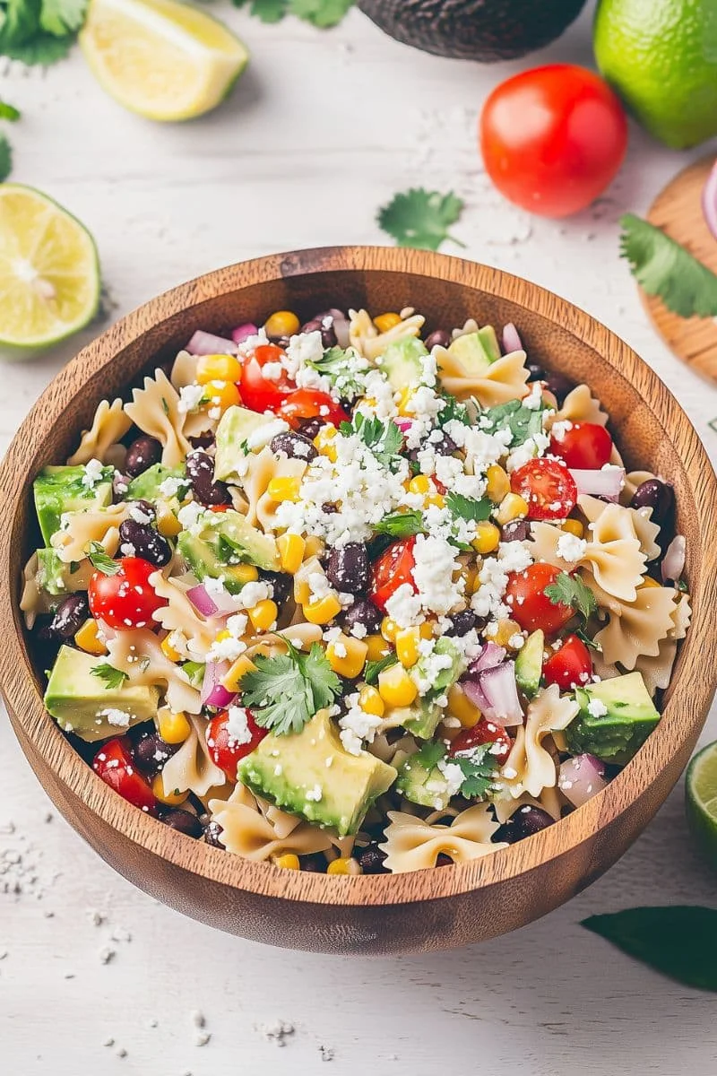 Mexican Pasta Salad with Black Beans & Cotija is a zesty and picnic-perfect dish. This vibrant, no-mayo pasta salad is bursting with bold Mexican flavors.