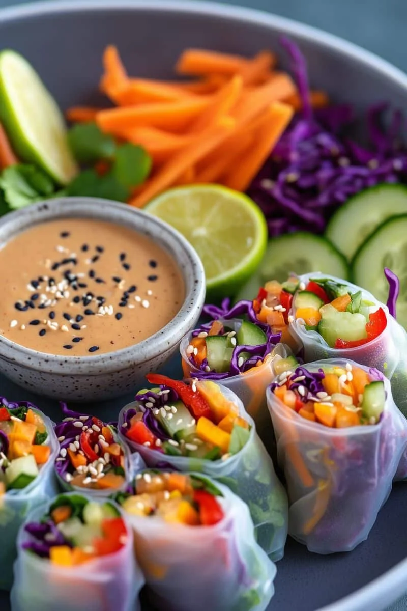 Rainbow-Veggie-Spring-Rolls-with-Light-Peanut-Sauce-No-Fry-All-Flavor