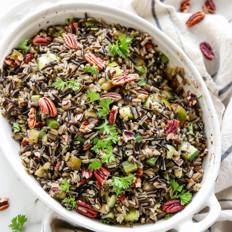 hearty wild rice homemade dressings for thanksgiving with pecans and parsley