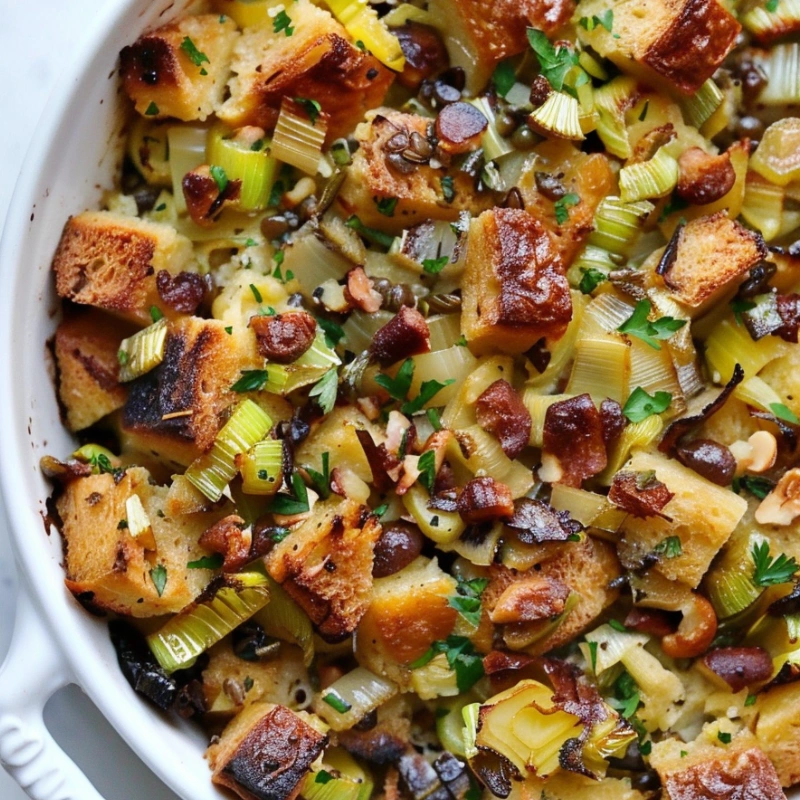 rustic homemade dressings for thanksgiving with leeks and roasted chestnuts