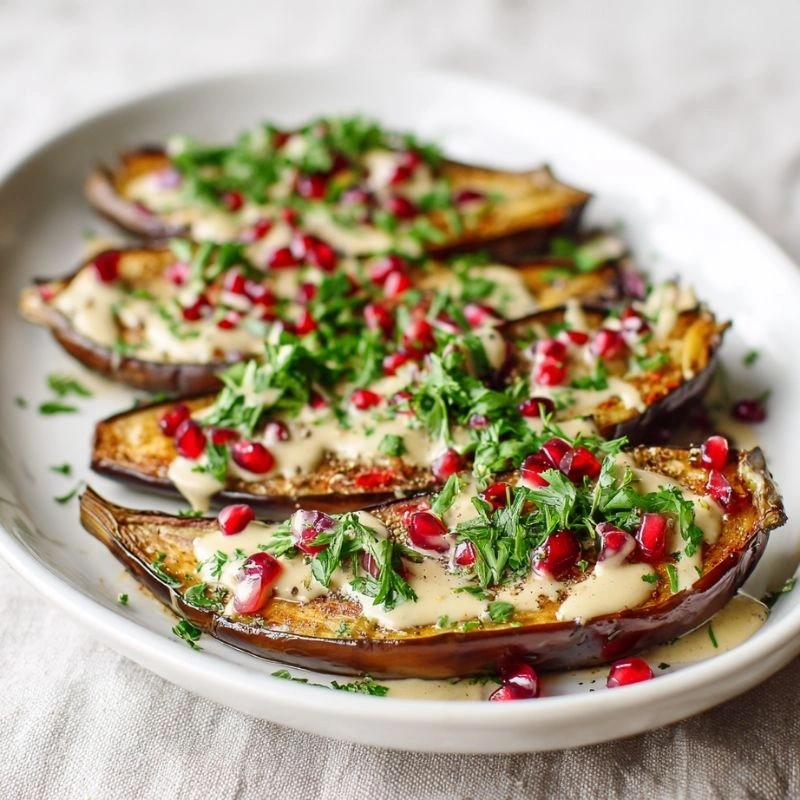 Roasted Eggplant with Tahini and Pomegranate Seeds