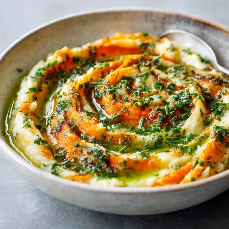 Roasted Carrot and Parsnip Mash with Chive Oil
