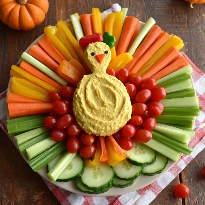 turkey-shaped veggie platter with hummus cute thanksgiving food ideas