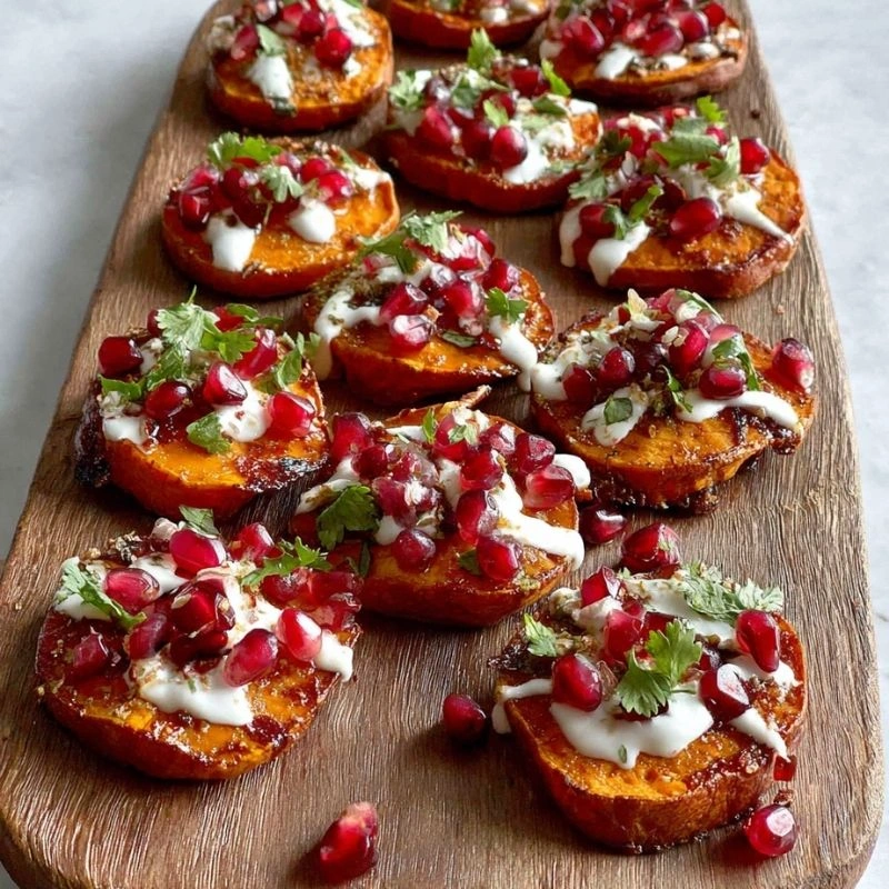 Roasted Sweet Potato Rounds With Yogurt, Pomegranate and Herbs