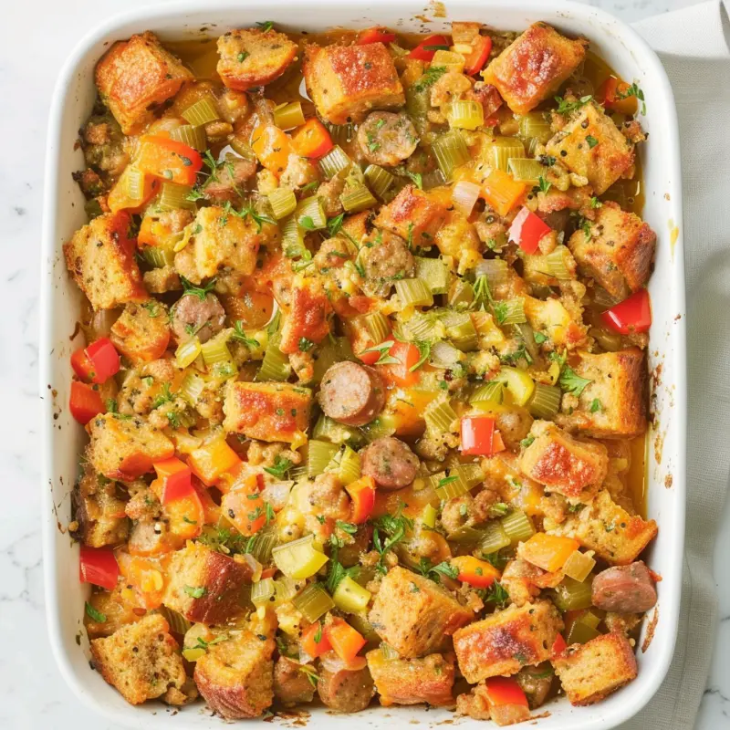 spicy cajun homemade dressings for thanksgiving with andouille sausage and peppers