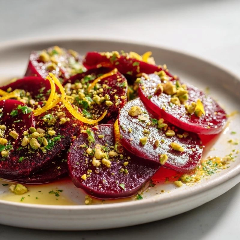 Roasted Beets with Orange Zest and Pistachio Crumble