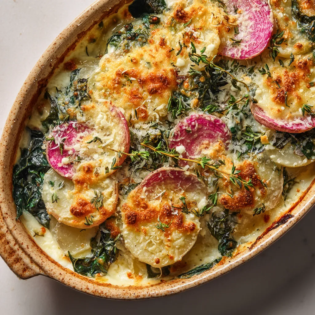 Creamy Radish and Spinach Gratin with Parmesan Crust