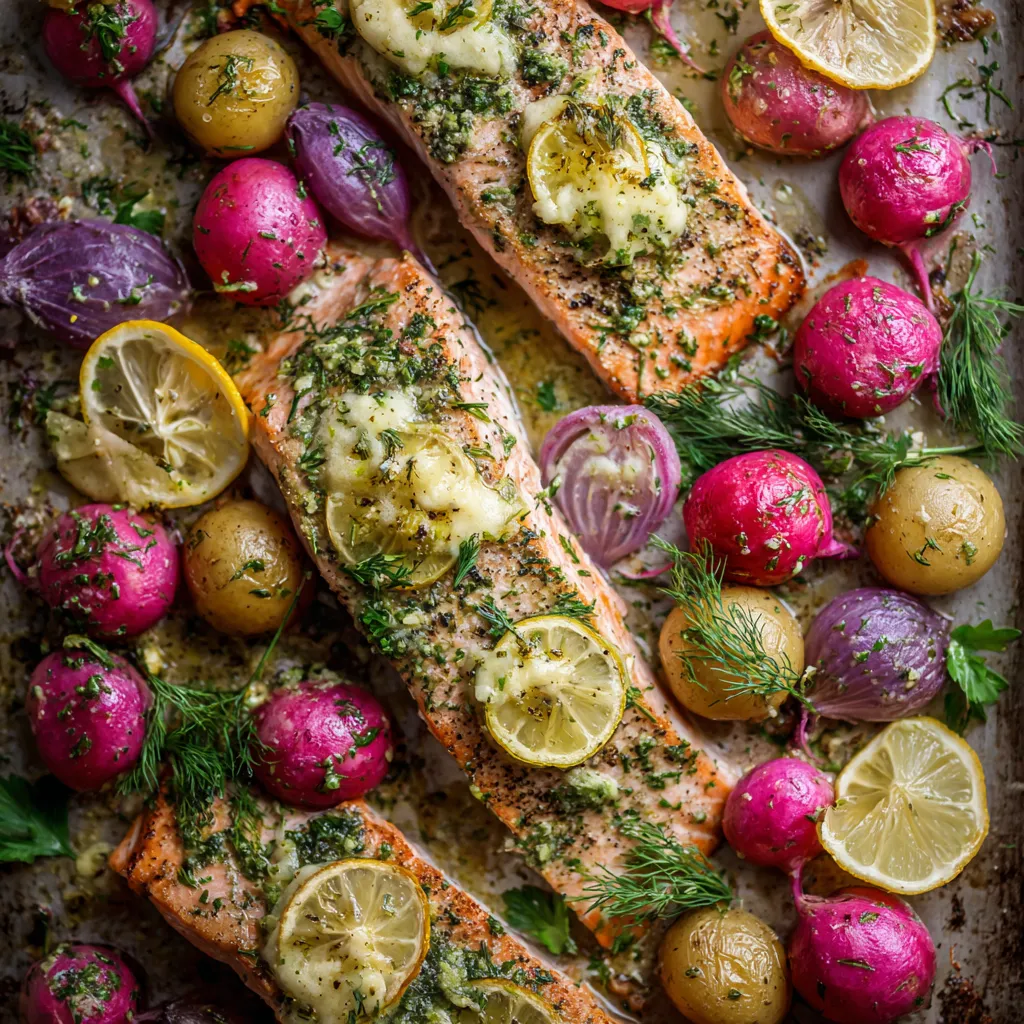 Sheet Pan Salmon with Roasted Radish and Lemon Herb Butter