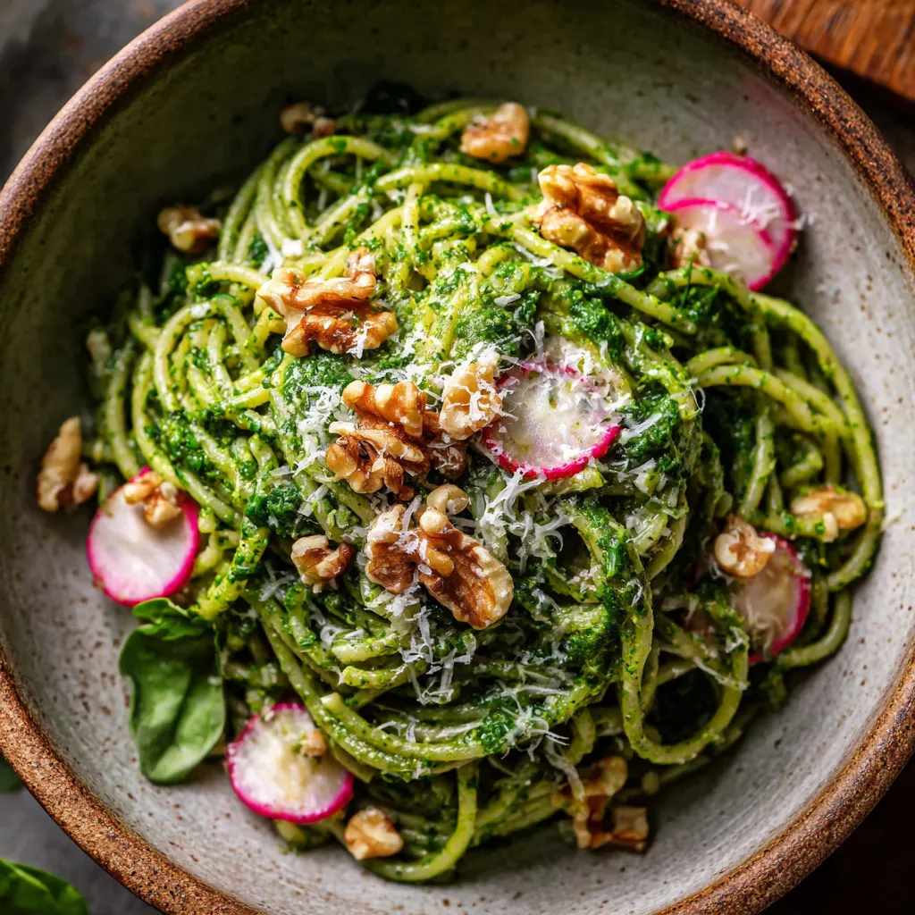 Radish Greens Pesto Pasta with Toasted Walnuts
