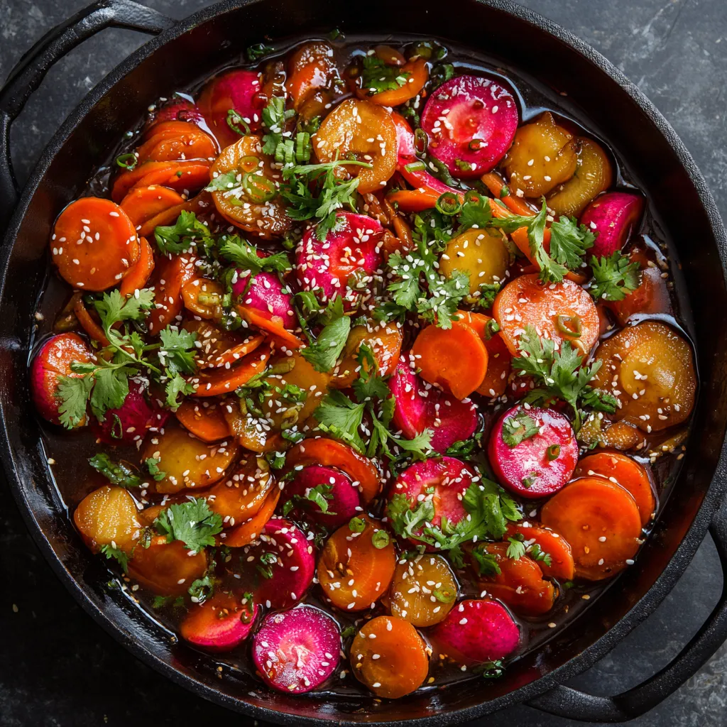 Winter Root Stir Fry with Radish, Carrot, and Ginger Sauce