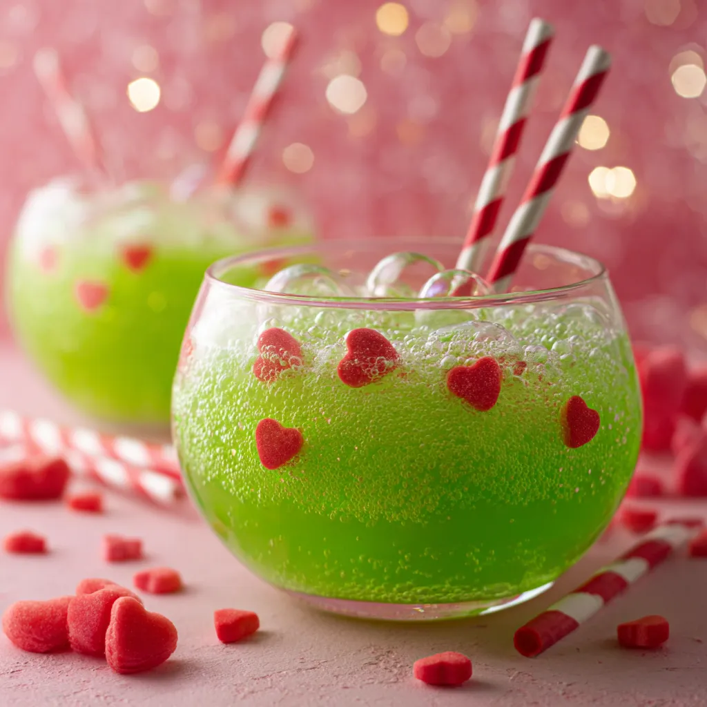 Grinch Punch with Lime Sherbet and Candy Hearts