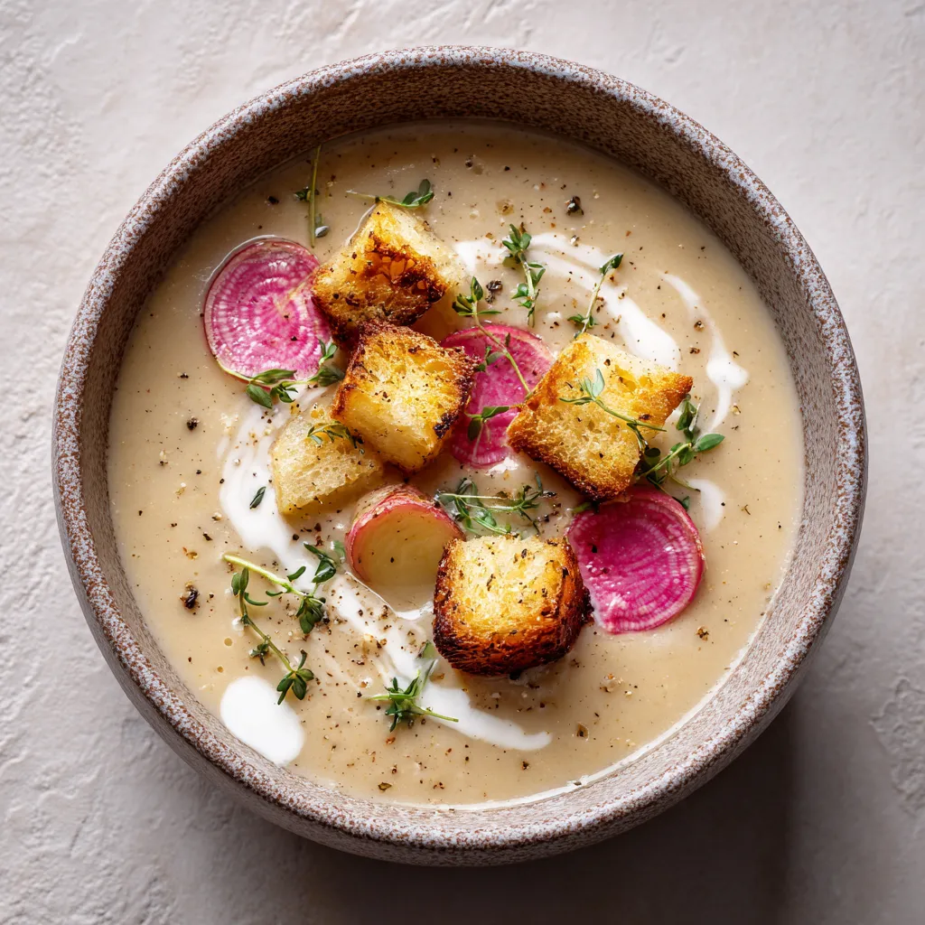 Creamy Radish Soup with Crispy Croutons