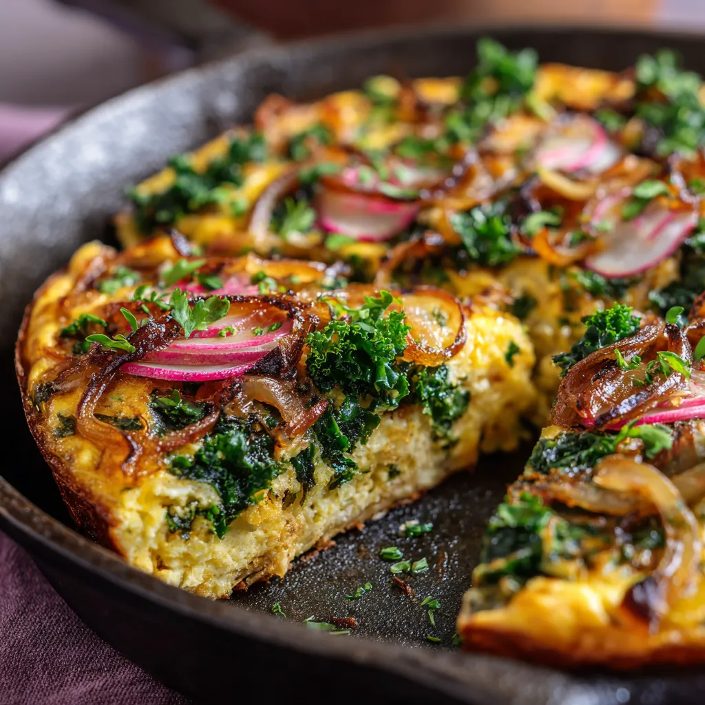 Radish and Kale Frittata with Caramelized Onions