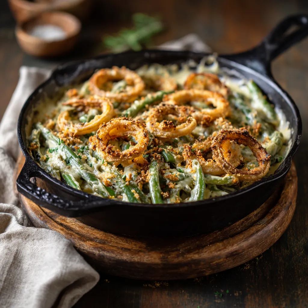 Skillet Green Bean Casserole with Crispy Leeks