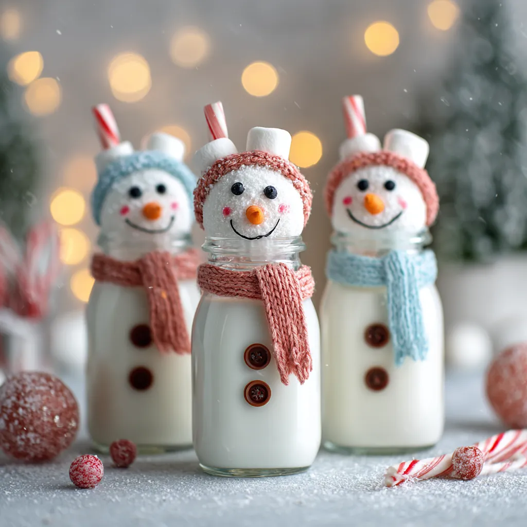 Snowman Milk Bottles with Marshmallow Heads