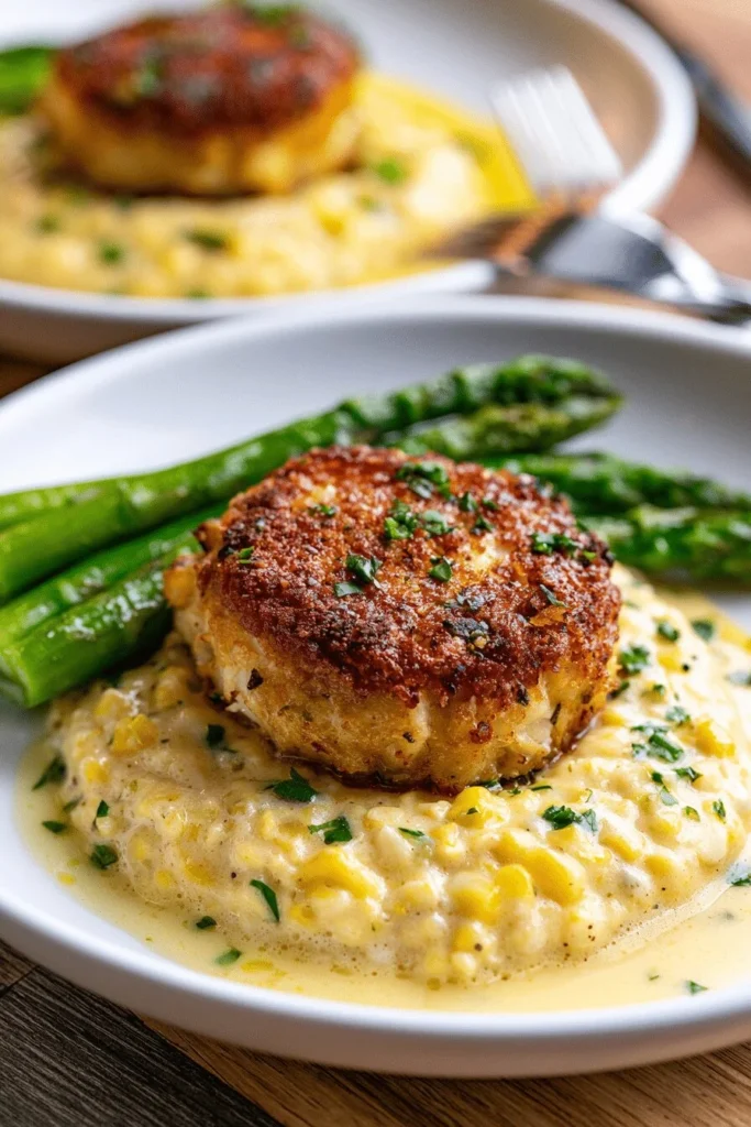 Gordon Ramsays Crab Cake With Creamed Corn And Asparagus