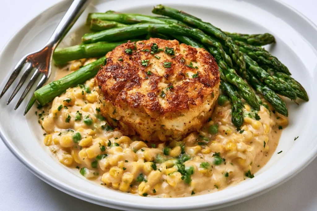 Gordon Ramsays Crab Cake With Creamed Corn And Asparagus Recipe