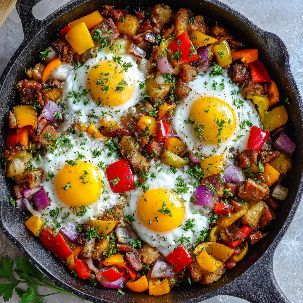 low carb breakfast ideas loaded veggie egg hash with turkey bacon