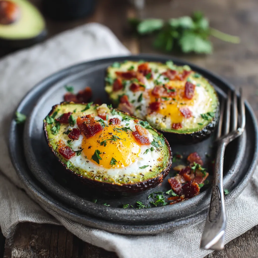 low carb breakfast ideas avocado egg breakfast boats with crispy bacon bits